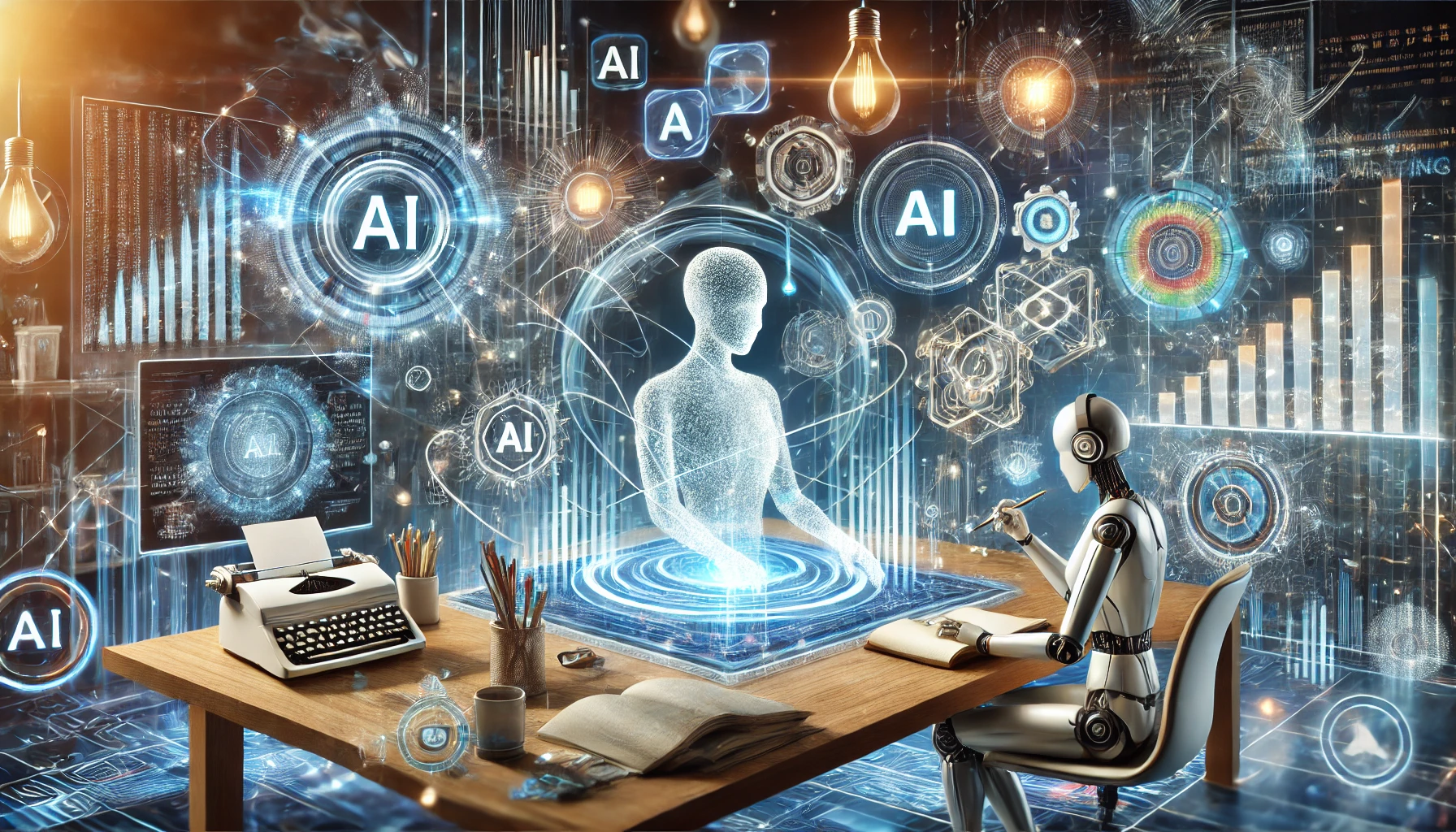 DALL·E 2024-09-15 01.44.07 - An artistic representation of AI content generators shaping the future of digital writing, featuring a futuristic workspace with advanced AI technolog AI Content Generators