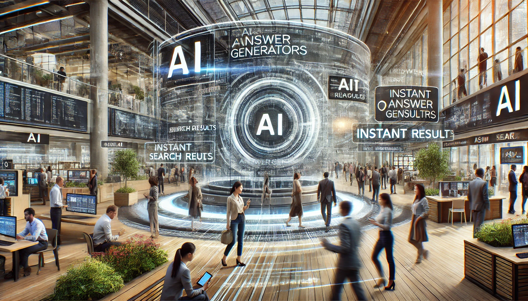 DALL·E 2024-09-16 14.46.52 - A realistic and dynamic illustration emphasizing the speed and efficiency of AI answer generators in information retrieval. The scene should depict a AI Answer Generators